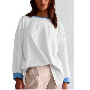 Oversize Lightweight Long Sleeve Crew Neck Blouse Top White Blue M
